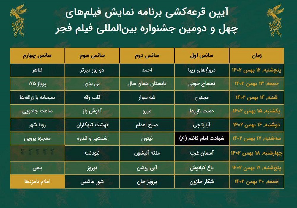 جدول نمایش فیلم‌های چهل و دومین جشنواره فجر